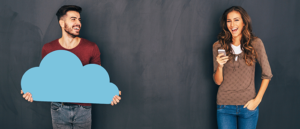 man holding a cut out of a cloud